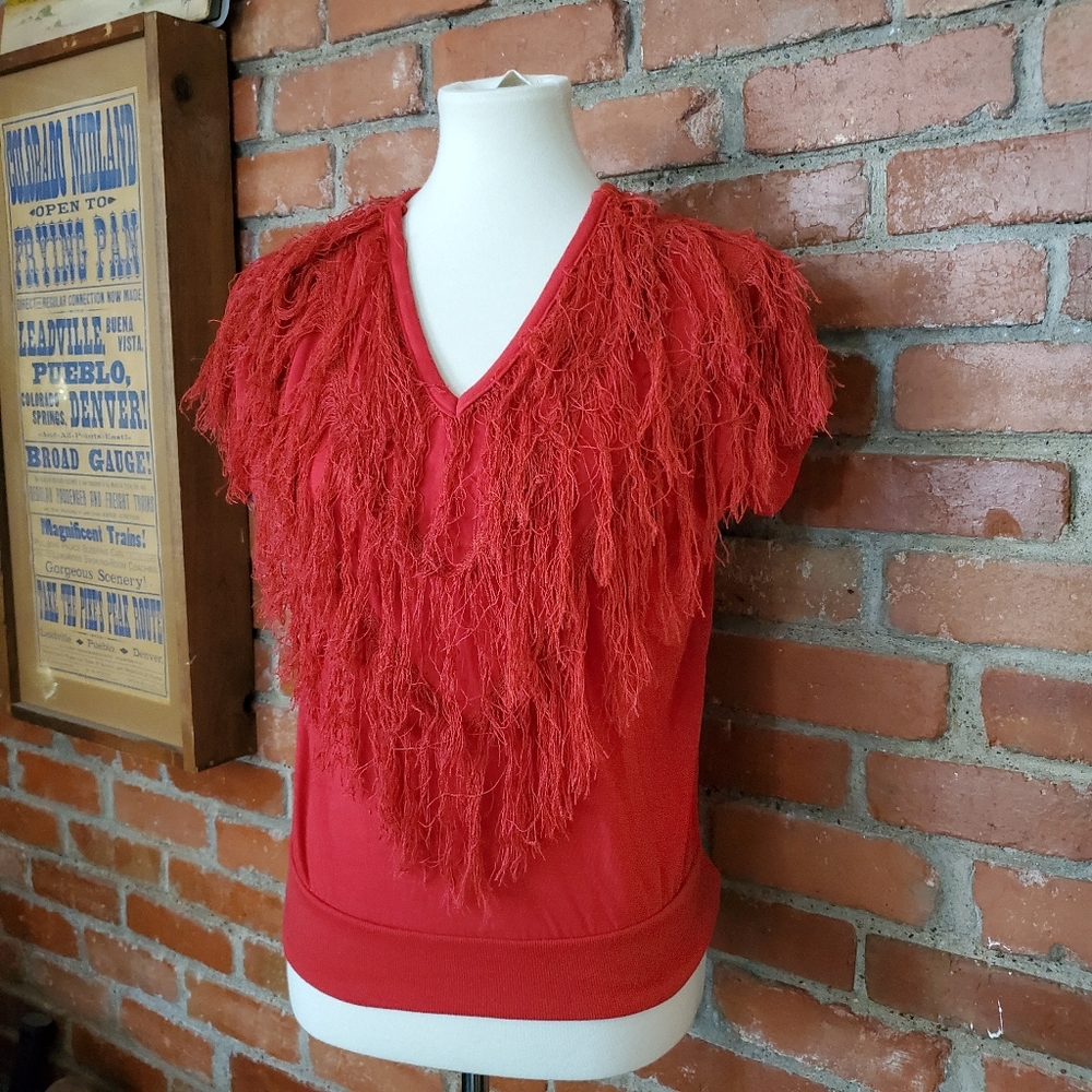 Vintage 80s Red Long Fringe Top V Neck T Shirts Me